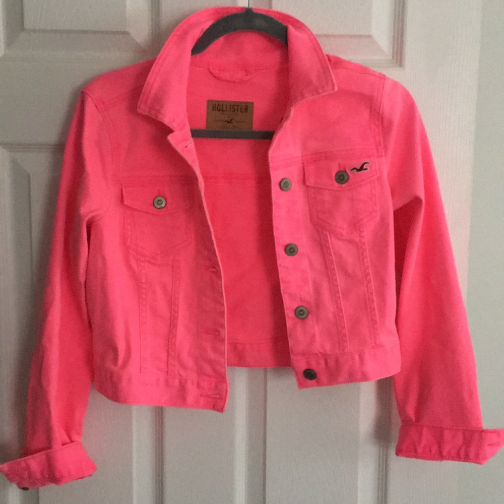Neon pink cropped jean jacket